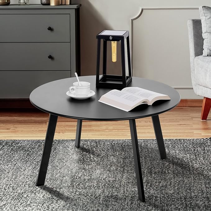Patio Coffee Table - Metal Steel Outdoor Round Table Weather Resistant Anti-Rust Table (Black)