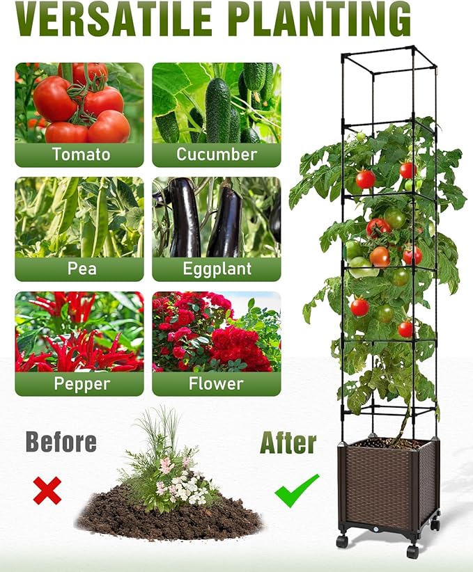 Jayhalo 71inch Planter Boxes Outdoor, 3-in-1 Planter Box with Trellis with Wheels for Growing Vegetables, 6 Layer Tomato Cage with Tomato Planters, Self Watering for Indoor Outdoor Use