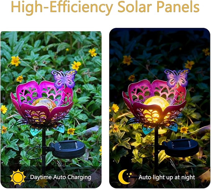Solar Lights Outdoor Garden Decor,LED Lotus Flower Lamp, Metal Tulip & Butterfly Decoration Solar Lawn Lamp for Courtyard, Garden Gifts for Women (Purple)