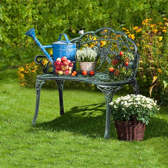 VINGLI 38.5" Patio Park Garden Outdoor Metal Rose Bench, 2-Person Cast Iron Cast Aluminium Frame Antique Finish Chair,Accented Lawn Front Porch Path Yard Decor Deck Furniture (Green, Rose)