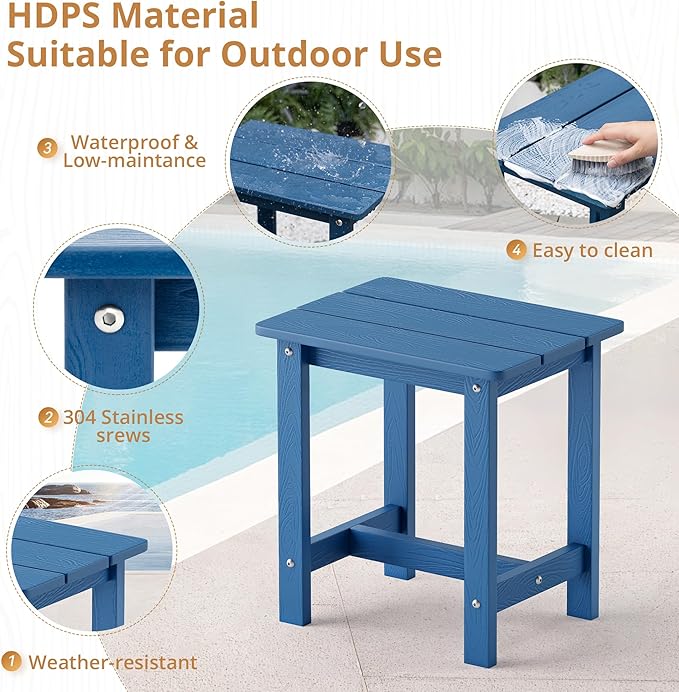 LUE BONA Outdoor Side Table Set of 2, HDPS Small Outdoor Table, Adirondack Side Table, Outside End Table for Patio, Porch, Deck, Weather Resistant/Easy Maintenance/Indoor or Outside Use, Navy Blue