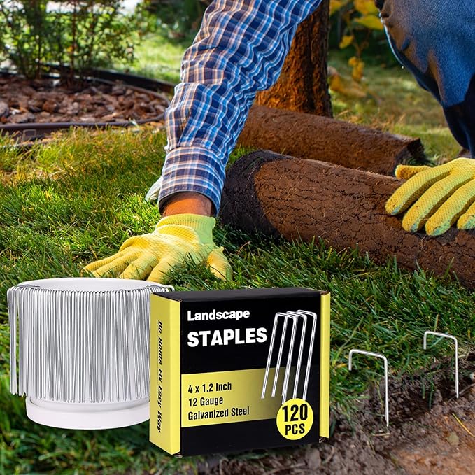 HongWay 120 Pack 4 Inch Landscape Garden Staples, Garden Stakes Galvanized 12 Gauge SOD Ground Stakes Landscaping Fabric Pins Yard Staples for Lawn Turf Hose Irrigation Tubing