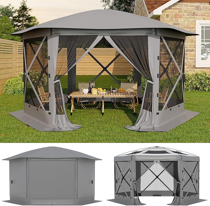 13x13FT 6-Sided Pop Up Gazebo Tent，One-Push Setup Canopy Tent with Removable Canopy Top & Wind Cloths, Outdoor shelter for Camping, Backyard Parties, Outdoor Events - Grey