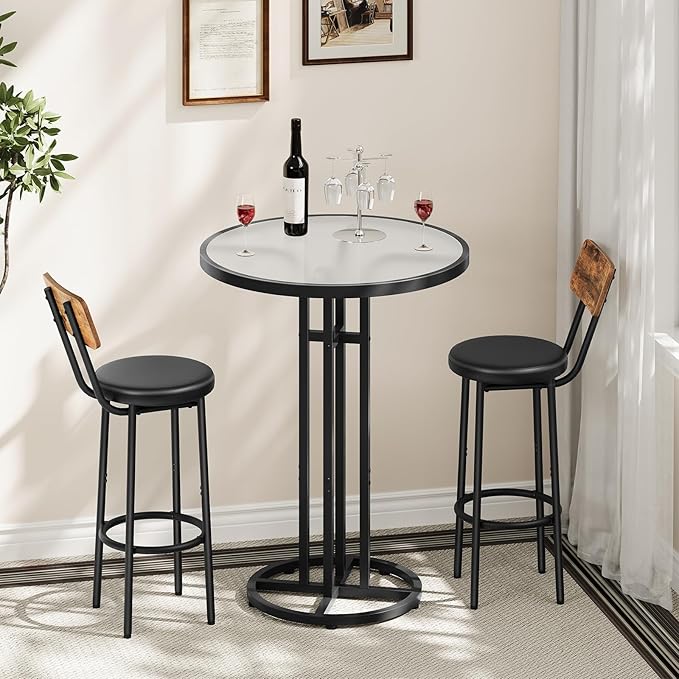 HOOBRO Bar Table, 23.6-Inch Round Pub Table, Frosted Glass Cocktail Table with Sturdy Iron Frame & Adjustable Feet, Modern Small Coffee for Home Bar, Kitchen, Living Room, Outdoor, Black BK96BT01