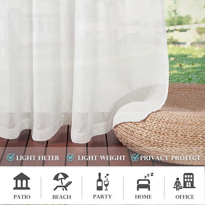 RYB HOME Sheer Curtains for Patio Outdoor, Linen Textured White Panel Grommet Top Waterproof Light Diffused Drapes for Porch Gazebo Deck, 2 Pieces with Tieback Ropes, W52 x L 96 inches
