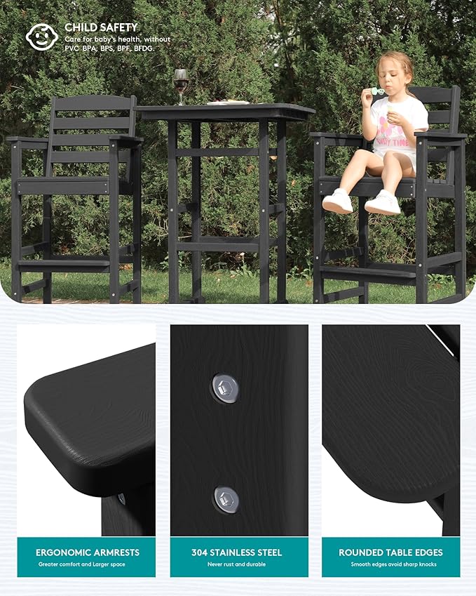 SERWALL 6 Pieces Outdoor Patio Bar Set with 9ft Umbrella, Outdoor HDPE Barstool and Table Furniture Set with Patio Umbrella, Black