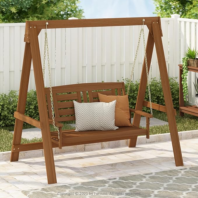 Furinno TIOMAN Porch Swing, Outdoor Hanging Wooden Swing with Stand in Teak Oil, Light Wood