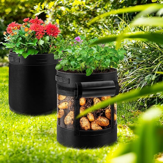 3 Pack 15 Gallon 360° Visibility Potato Grow Bags with Shading Flap, Plant Grow Bags for Growing Potatoes Heavy Duty Thickened Nonwoven Fabric Gardening Vegetable Growing Bags with Harvest Window