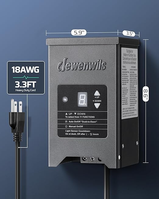 DEWENWILS 200W Weatherproof Low Voltage Landscape Lighting Transformer, 120V to 12/15V AC, Metal Low Voltage Landscape Transformer with Photocell & Timer, Multi Zone Landscape Lighting Transformer