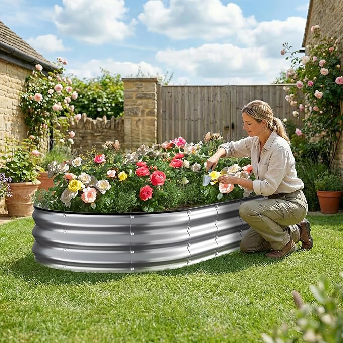 Kesfitt Raised Garden Bed, 6x3x1 FT Galvanized Steel Metal Raised Garden Bed, Oval Open-Bottom Design, 12-Inch Deep for Outdoor Vegetable & Herb Gardening, Silver