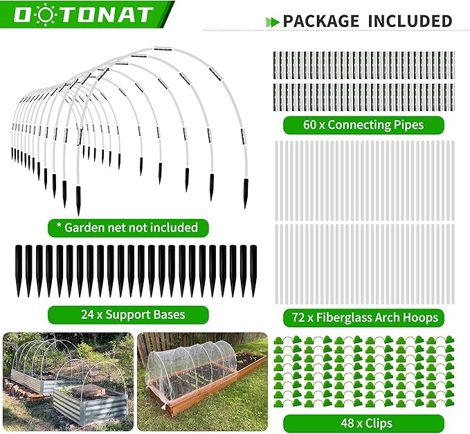 Garden Hoops for Raised Beds- Rust Free Fiberglass Frame Plant Hoops with Support Bases -Greenhouse Hoops Grow Tunnel , 72pcs，Vanilla