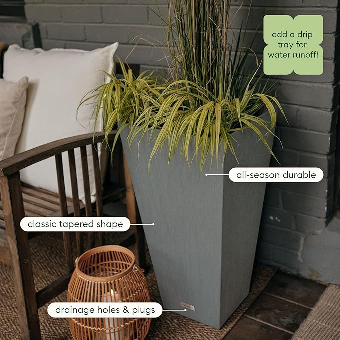 Veradek V-Resin Indoor/Outdoor Taper Planter (Gray, 30 inch - 2 Pack with 2 Saucer Trays)