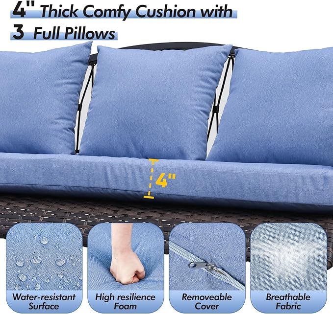 Wicker Porch Swing Heavy Duty 900 LBS 3-Seat Outdoor Patio Swing Chair with Cushions & 8.9ft Chains Outdoor Hanging Bench with Upgraded Cup Holders for Garden Deck Backyard