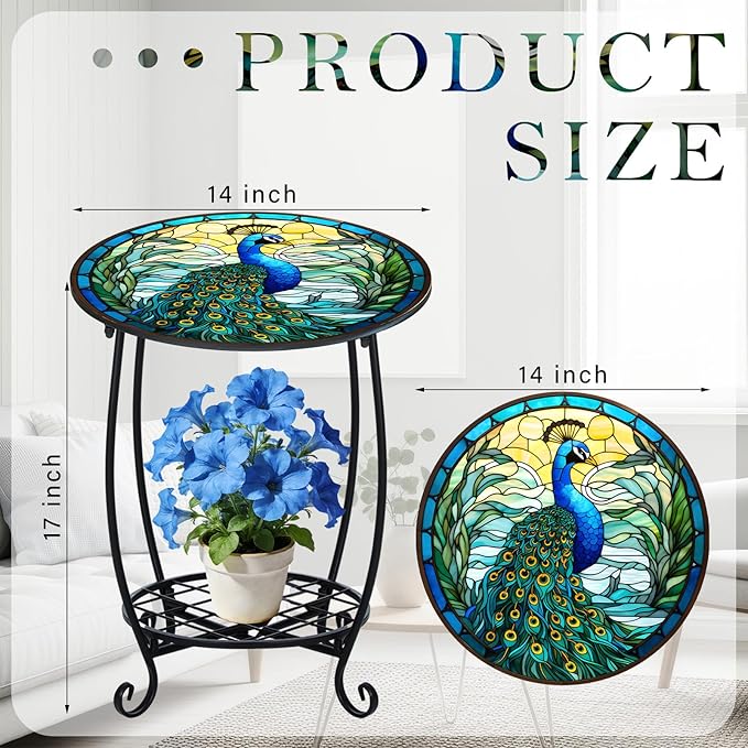 Outdoor Side Table Round Small Mosaic Patio Accent Indoor End Plant Coffee Tea Table for Yard Patio Porch Garden Living Room, Bedroom(Peacock Style,18 Inch)