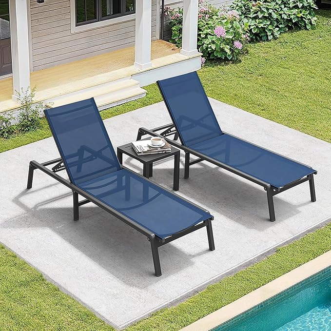 Aluminum Chaise Lounge Chair Outdoor, Foldable & Assembly Free Outdoor Lounge Chair with 5 Position Adjustable Backrest, Patio Pool Lounge Chairs for Outside Poolside Beach Lawn, 1PC, Navy Blue