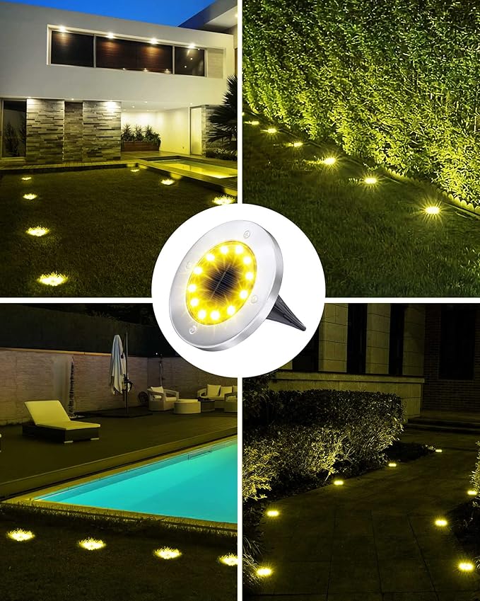 Biling Solar Ground Lights Outdoor 8 Packs, Flat Bright 12 LEDs Solar Lights Outdoor Waterproof for Yard Walkway Garden Driveway (Warm White)