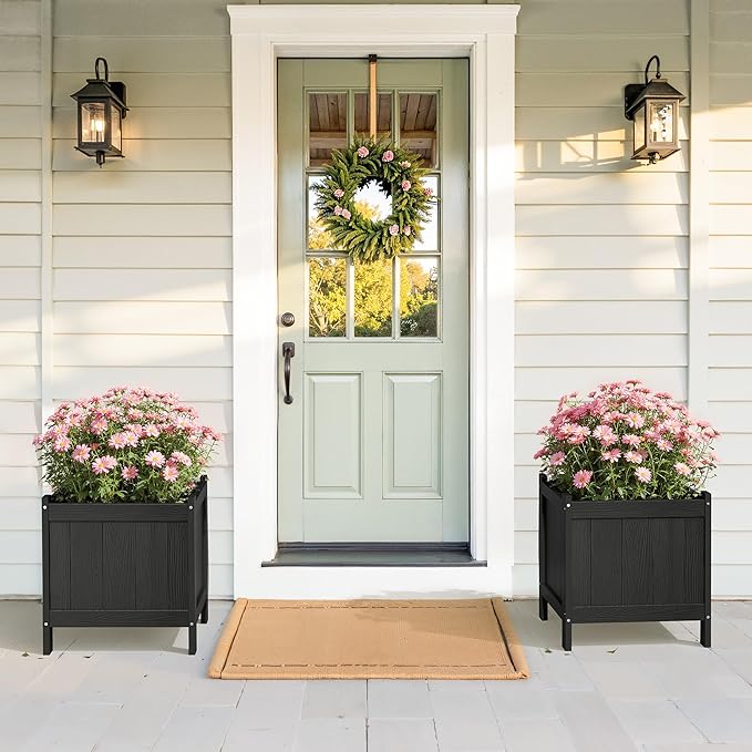 LUE BONA Outdoor Plant Pots, 13.7" x 12.5" x 14.5" HDPS Flower Pots with Drainage Holes, Outdoor Planters Boxes for Outdoor Plants - Porch Patio, Garden or Entryway, Black