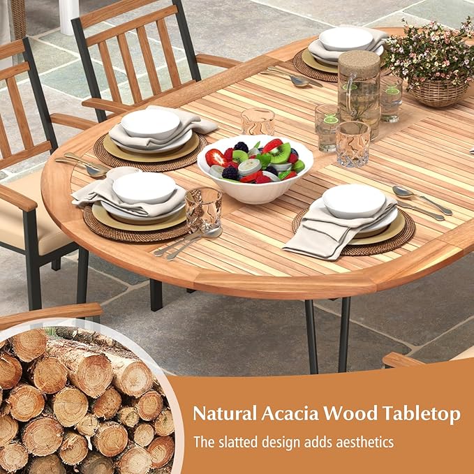 Tangkula 79" Large Patio Dining Table for 6, Acacia Wood 6-Person Dining Table with 2.5" Umbrella Hole & Metal Legs & Adjustable Foot Pads, Oval Outside Table for Garden, Poolside & Backyard