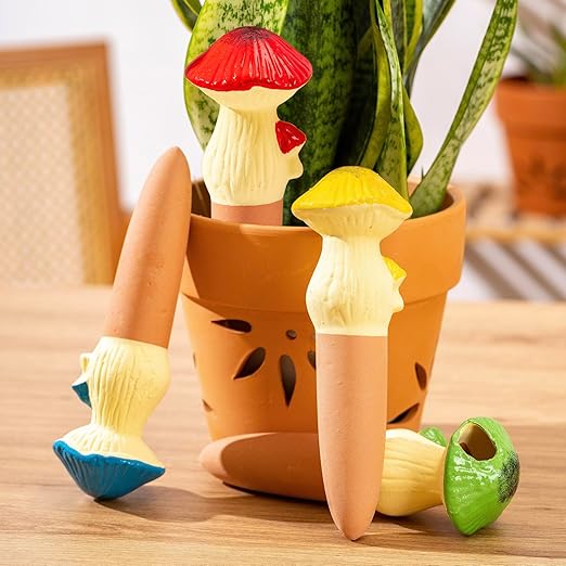 4 Pack Watering Globes - Terra Cotta Watering Spikes for Indoor Plants, Handcrafted Mushroom Shape Self Watering Devices with Slow Release System, Plant Water Bulbs for Vacation & Outdoor Pot