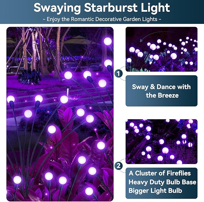 Solar Garden Lights Outdoor Waterproof, 4 Pack 32 LED Swaying Light Firefly Light Outdoor Decor Lights for Garden Gifts for Pathway Party Christmas Decoration, Purple