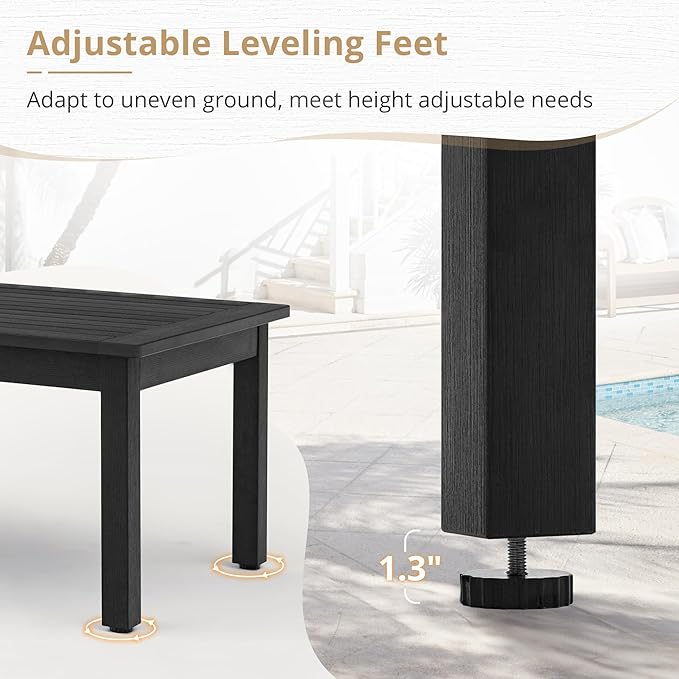 LUE BONA Outdoor Coffee Table, HDPS Black Patio Coffee Tables for Outside Rectangle, Adjustable Levelling Feet/Weather Resistant, Patio Table for Deck, Pool, Balcony, Indoor or Outdoor Use