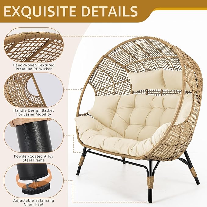 NICESOUL® Double Egg Chair Indoor Outdoor Stationary Oversized 6.5" Thick Padded Cushions,2 Person Egg Wicker Loveseat Chair,680 lbs Extra Large Lounge Chair for Patio Balcony Porch Backyard Beige