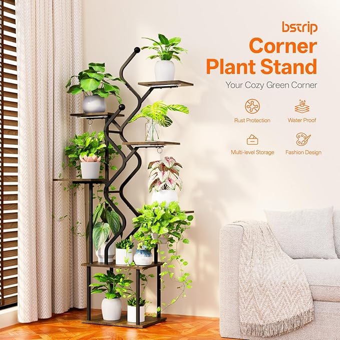 Bstrip 63 Inch Plant Stand with Grow Light, 7-Tier Indoor Plant Shelf with Hanging Hooks, Decor Corner Plant Stand for Living Room & Patio, Black