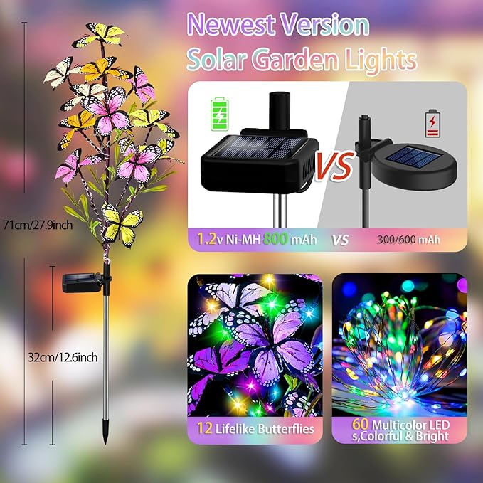 Solar Garden Lights Outdoor Waterproof, 6 Pack Solar Butterfly Lights with 60 LED 12 Butterfly Colorful Lighting for Garden Yard Lawn Outdoor Decor, Gift for Mom Women Mother's Day