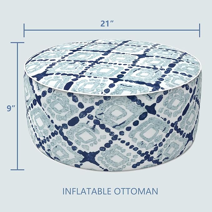 LVTXIII Inflatable Stool Ottoman Footrest with Handle, Decorative Fade-Resistant Foot Stool, Indoor or Outdoor Pouf for Home Garden and Camping Use, 21x21x9, Boho Geometry Blue