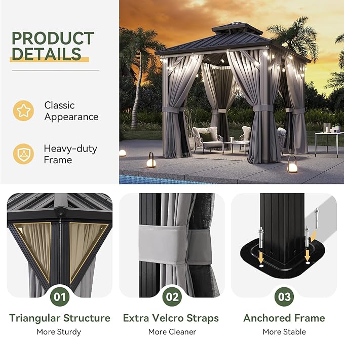 Aoxun 8'x8' Hardtop Gazebo, Aluminum Frame Canopy with Double Galvanized Steel Roof, Outdoor Metal Pavilion with Netting, Curtains for Backyard, Patio and Deck