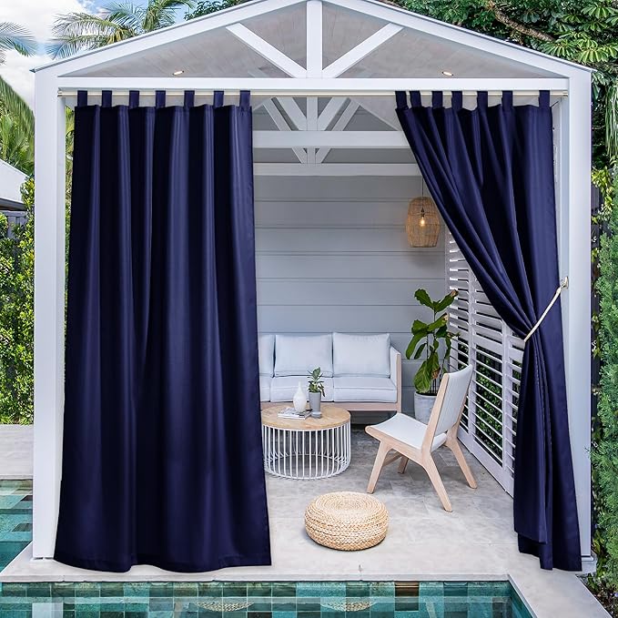 NICETOWN 2 Panels Outdoor Curtains for Patio Waterproof, Thermal Insulated Tab Top Cabana & Porch Indoor Outdoor Drapes Extra Long for Keeping Privacy & Warm (W55 x L108, Dark Blue)