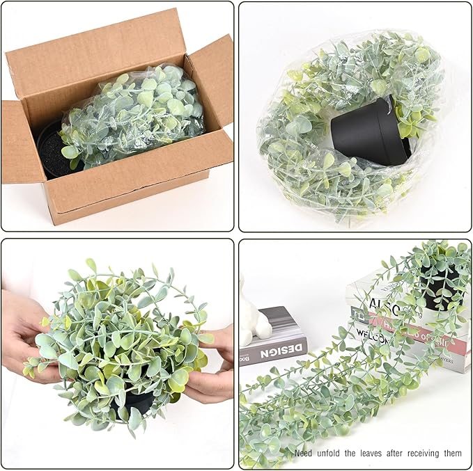 Waipfaru 2Pcs Fake Hanging Plants with Pot Light Green Eucalyptus Leaves UV Resistant Fake Vines Ivy Artificial Plants Outdoor Faux Plants Indoor Bedroom Living Room Boho Wall Porch Shelf Decor