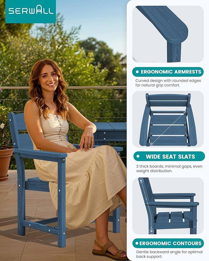 SERWALL Outdoor Dining Table Set, 67‘’ HDPE Patio Dining Set for 6, All-Weather Outdoor Table and Chairs Set for Deck, Blue