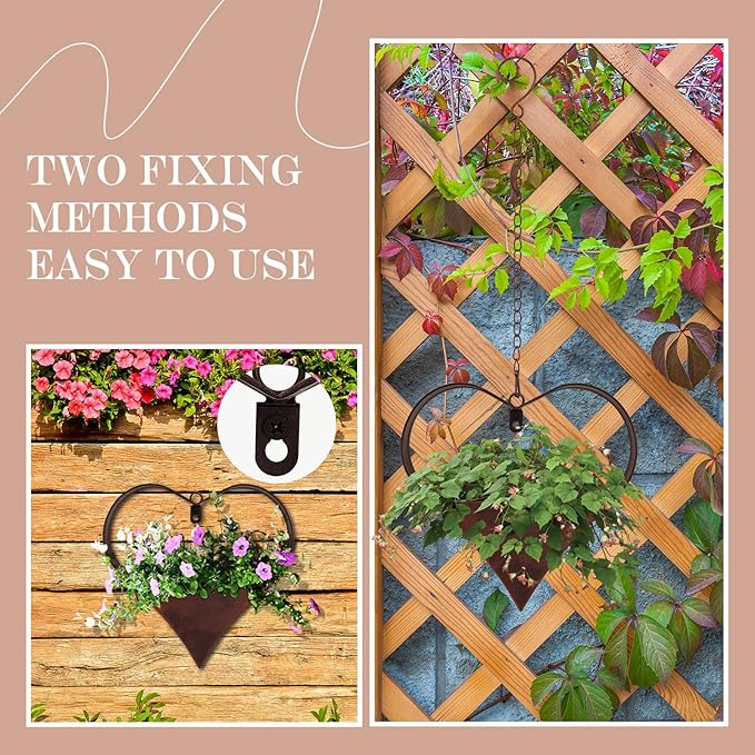 2 Pack Metal Plant Hangers Indoor and Outdoor Rustic Heart Shape Hanging Planters Holder Detachable Flower Pot with Hooks Chains Drain Hole Gifts for Valentine Women Mom Garden Lover Home Decor