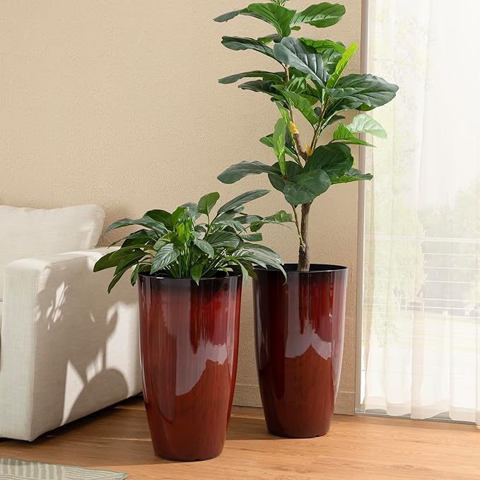 Glitzhome 23.5" H Oversized Tall Planter, Set of 2 Plastic Large Outdoor Planters with Drainage Holes, Gradient Red Faux Ceramic Finish, Large Flower Pots Round Plant Pots for Indoor Outdoor Patio
