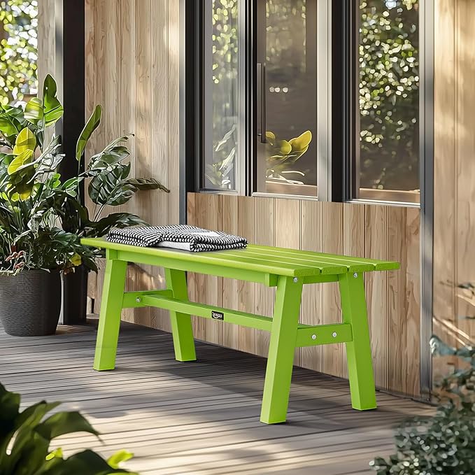 VINGLI 47” Outdoor Bench Garden Bench HDPE Porch Bench w/Metal Legs, Poly Lumber Patio Bench, 660 LBS Capacity Outdoor Backless Bench(Green)