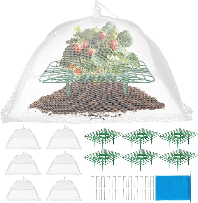 4 Sets Strawberry Plant Support with Mesh Plant Cover,Strawberry Growing Racks Sets with Iron Plant Nails and Storage Bag for Garden Strawberry Vegetables(White Net - Square)