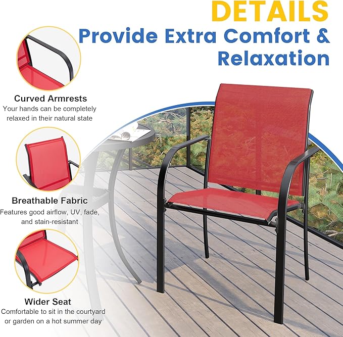 VICLLAX Patio Dining Set for 6, Outdoor Furniture Set Includes 63" Rectangle Patio Table and 6 Patio Sling Chairs, Outdoor Table and Chairs for Outsides, Black Tabletop and Red Fabric