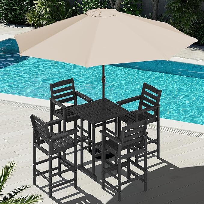 SERWALL 6 Pieces Outdoor Patio Bar Set with 9ft Umbrella, Outdoor HDPE Barstool and Table Furniture Set with Patio Umbrella, Black