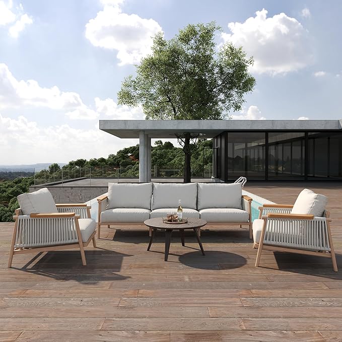 Acanva Modern All-Weather Aluminum Outdoor Patio Sofa with Thick Cushions, Olefin Fabric Sunroom Backyard Furniture, 3 Piece Set (Couch & 2 Chairs)