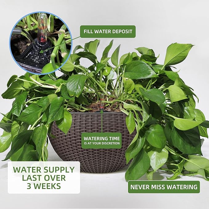 Dexceder 10.5 Inch Large Self Watering Hanging Planters Indoor Outdoor, Thickened Hanging Basket Flower Plant Pot with Water Level Indicator (Brown)