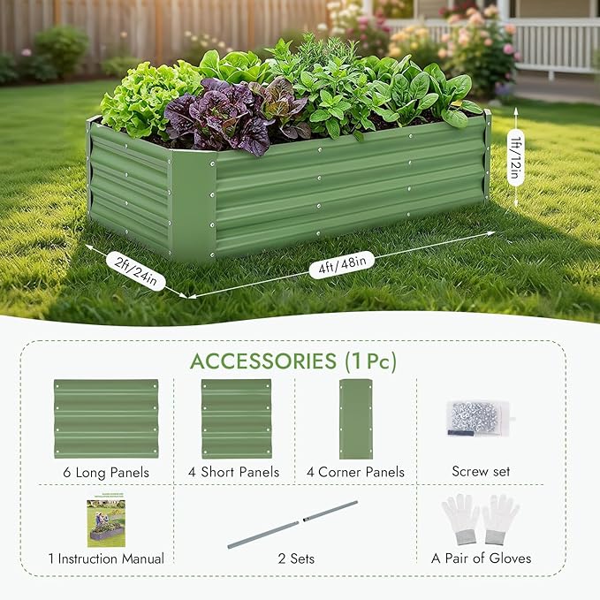 INNO STAGE Galvanized Raised Garden Bed Kit, 4x2x1FT Metal Raised Garden Beds for Vegetables, Rust-Resistant & Easy Assembly, Outdoor Raised Beds for Gardening, Flowers, Herbs (Green)