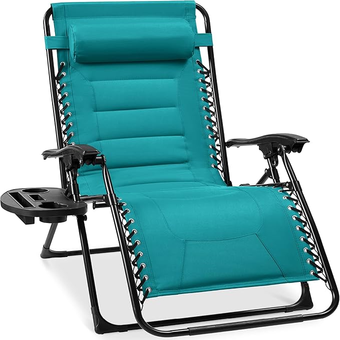 Best Choice Products Oversized Padded Zero Gravity Chair, Folding Outdoor Patio Recliner, XL Anti Gravity Lounger for Backyard w/Headrest, Cup Holder, Side Tray, Polyester Mesh - Peacock Blue