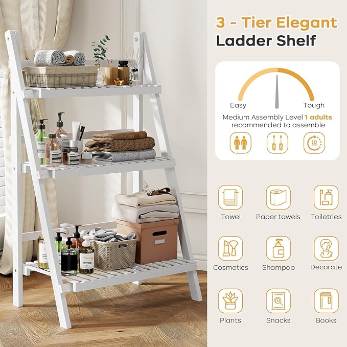 Bamboo Bookshelf 3-Tier Ladder Shelf, 39.4” Freestanding Open Bookcase Book Shelf Bathroom Storage Shelf Unit Plant Stand for Small Space, Living Room, Bedroom, Home Office, White