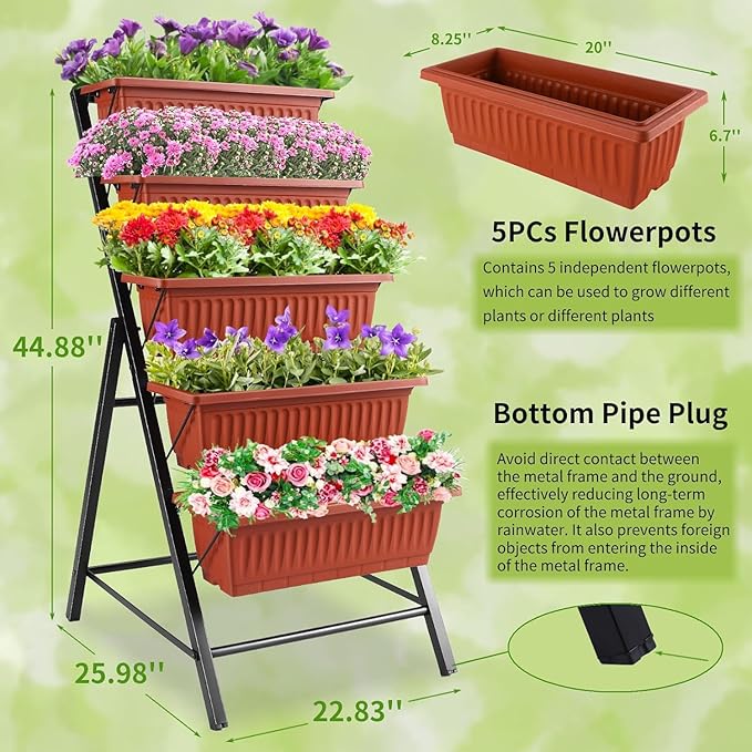 Homdox 2 Pack Vertical Garden Bed, 5 Tiers Vertical Raised Garden Planter, 23 * 26 * 45Inch Outdoor Garden Raised Bed with 4 Hooks, Vegetable Flower Planter Raised Stand for Garden Patio Yard, Brown