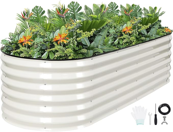 G GOOD GAIN Raised Garden Beds - 6x2x1.4ft Galvanized Planter Boxes Kit with Protective Tape & Gloves & Tools | Oval Metal Outdoor Raised Bed for Gardening Vegetables, Fruits, Flowers, Herbs, White