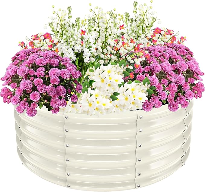 17" Tall Elevated Round Metal Rised Garden Bed- 3.3'x3.3' in Size and 0.8MM Thick Durable Planter Box for Vegetables Flowers Succulent at Patio/Garden Outdoor (White, 3.3FT Diameter)