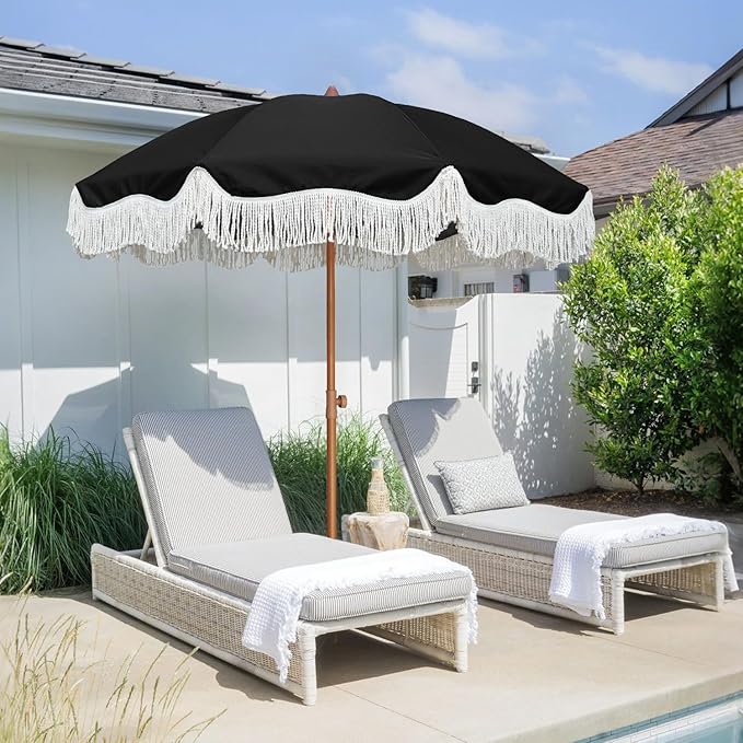 AMMSUN Boho Fringe Umbrella Outdoor Patio, 6.5ft UPF50+ Picnic Umbrella with Tassels with Steel Pole and Push Button Tilt, Noble Black