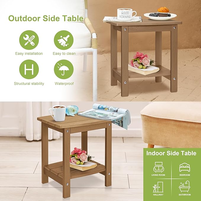 Y&M Outdoor Side Table, HIPS Adirondack Small Double Layer Table, Waterproof Square Outside Table, Balcony Modern End Tables for Patio, Pool, Beach, Porch, Deck, Indoor or Outdoor Use, Brown