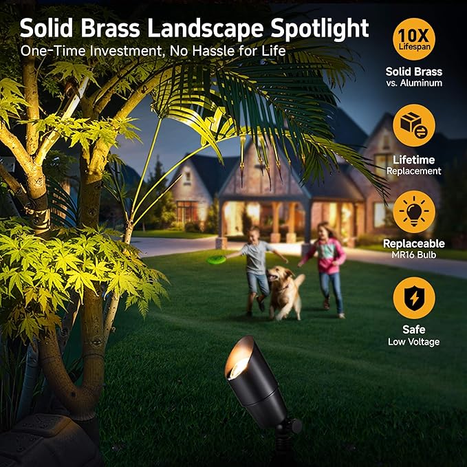Gardenreet LED Spot Light Outdoor - Die-Cast Brass 12V Uplighting Waterproof, Low Voltage Landscape Lights Metal, Black for Fence Fountain with Warm White MR16 Replaceable Bulbs (12 Pack)